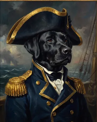 Sample portrait: a black Labrador as an admiral in a bicorne hat, with a stormy sea behind.