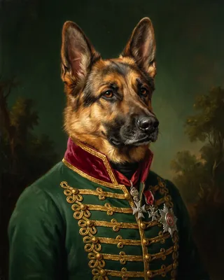 Sample portrait: a German shepherd as a colonel in a green jacket with gold braid and a crimson collar.