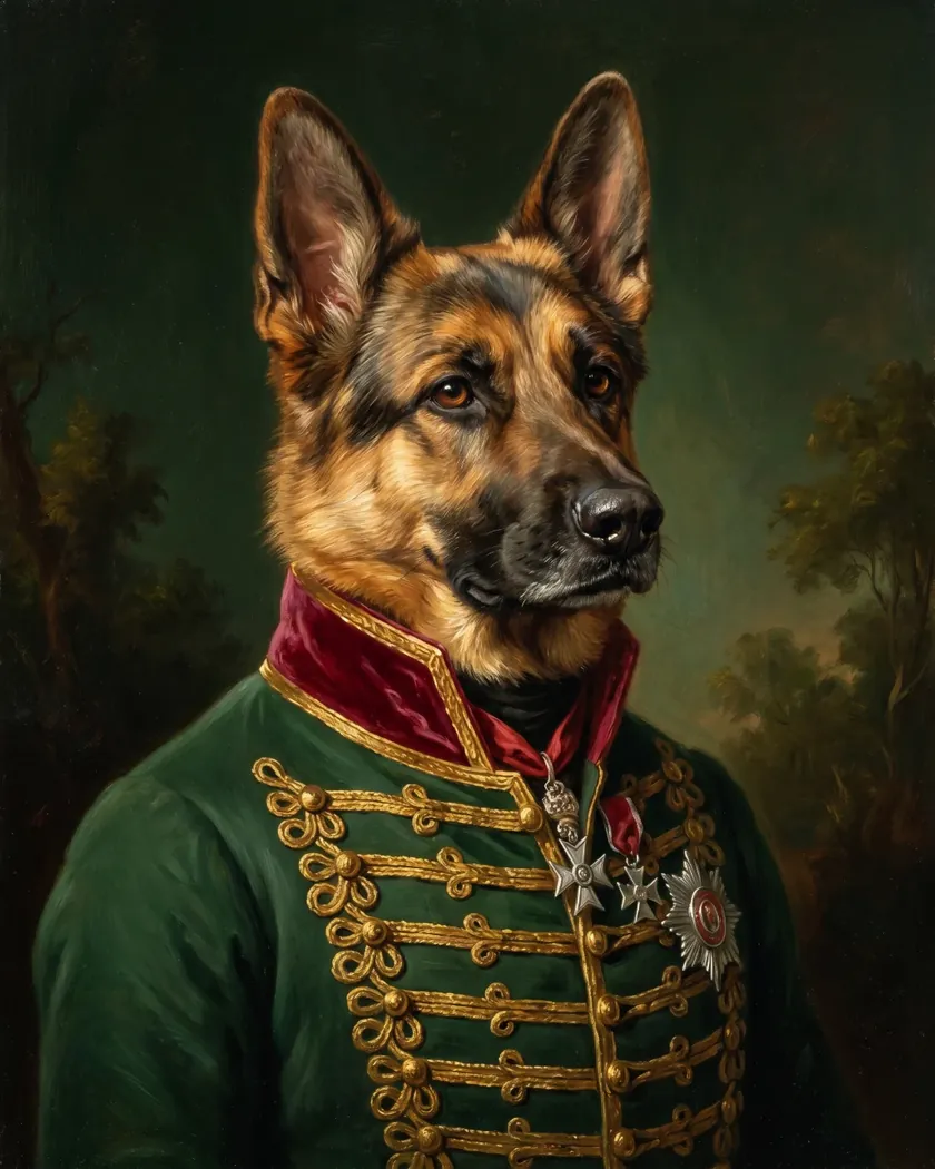 Royal pet portrait of a German shepherd as a colonel: green hussar jacket with rows of gold braid and a crimson collar.