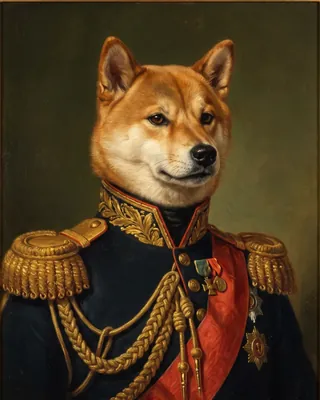 Sample portrait: a Shiba Inu as a general in a navy coat with gold epaulettes and a red sash.