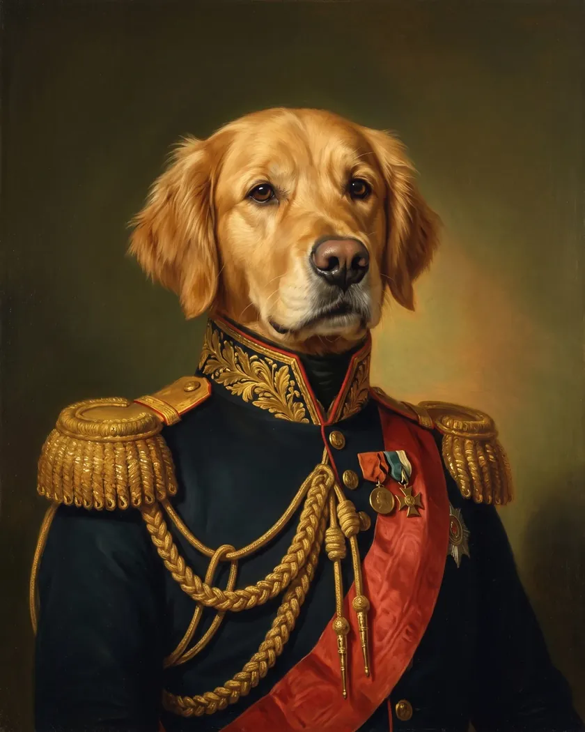 Oil-style portrait of a golden retriever as a general: navy dress coat, gold epaulettes, red sash and medals.