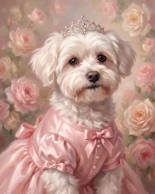 Sample portrait: a small white dog as a princess in pink satin with ribbons and a silver tiara.