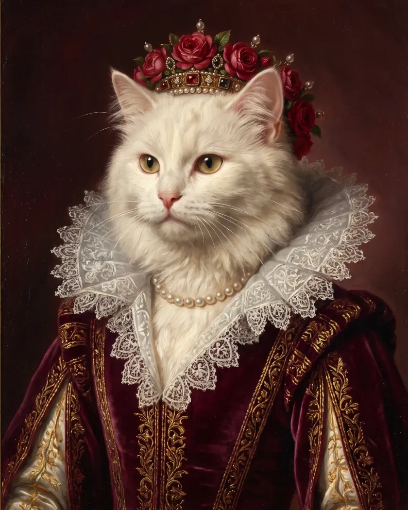 Royal pet portrait of a white longhair cat as a queen: burgundy velvet gown, a wide lace collar, pearls and a crown of red roses.